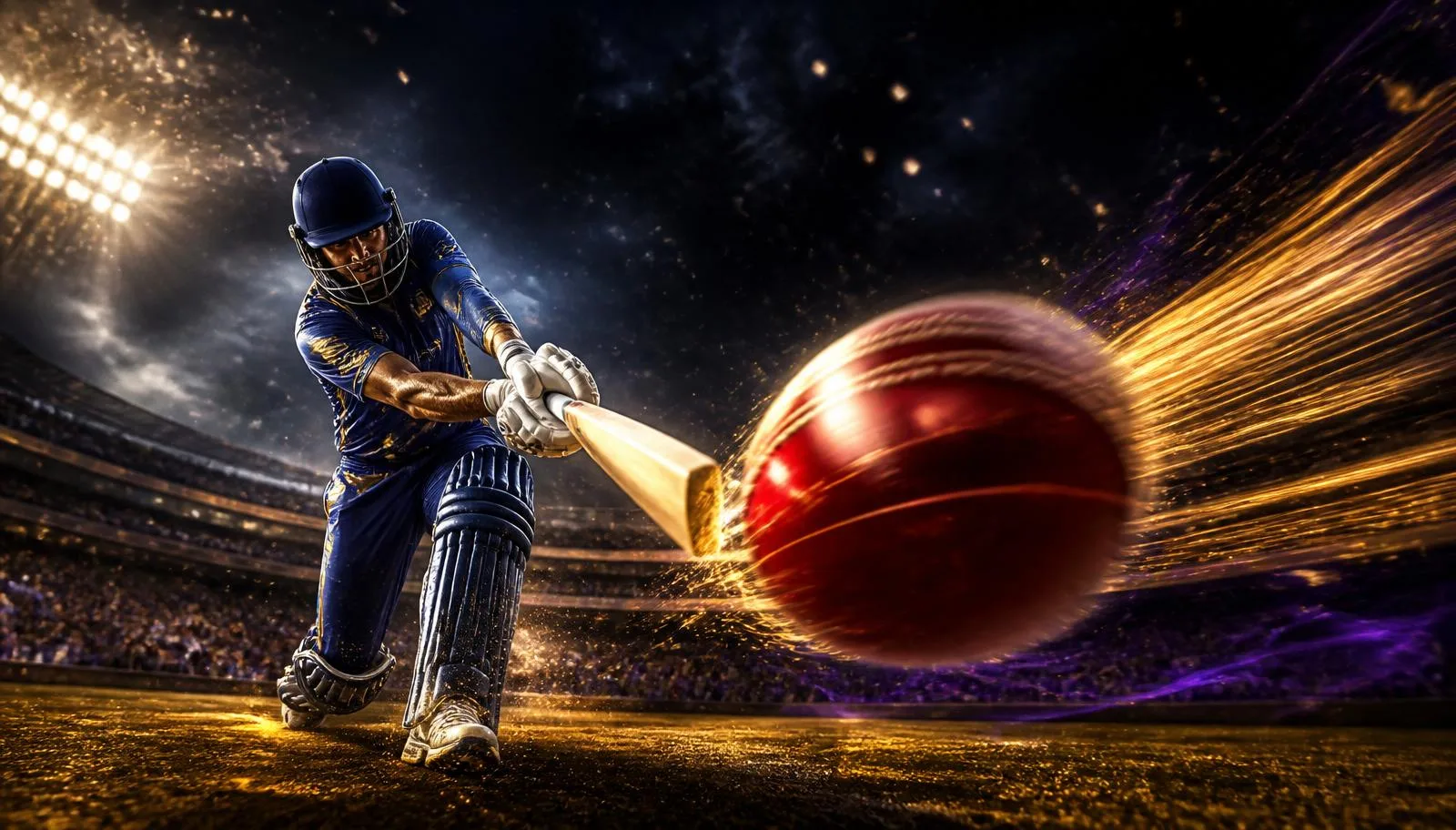 Cricket batsman striking ball at night stadium