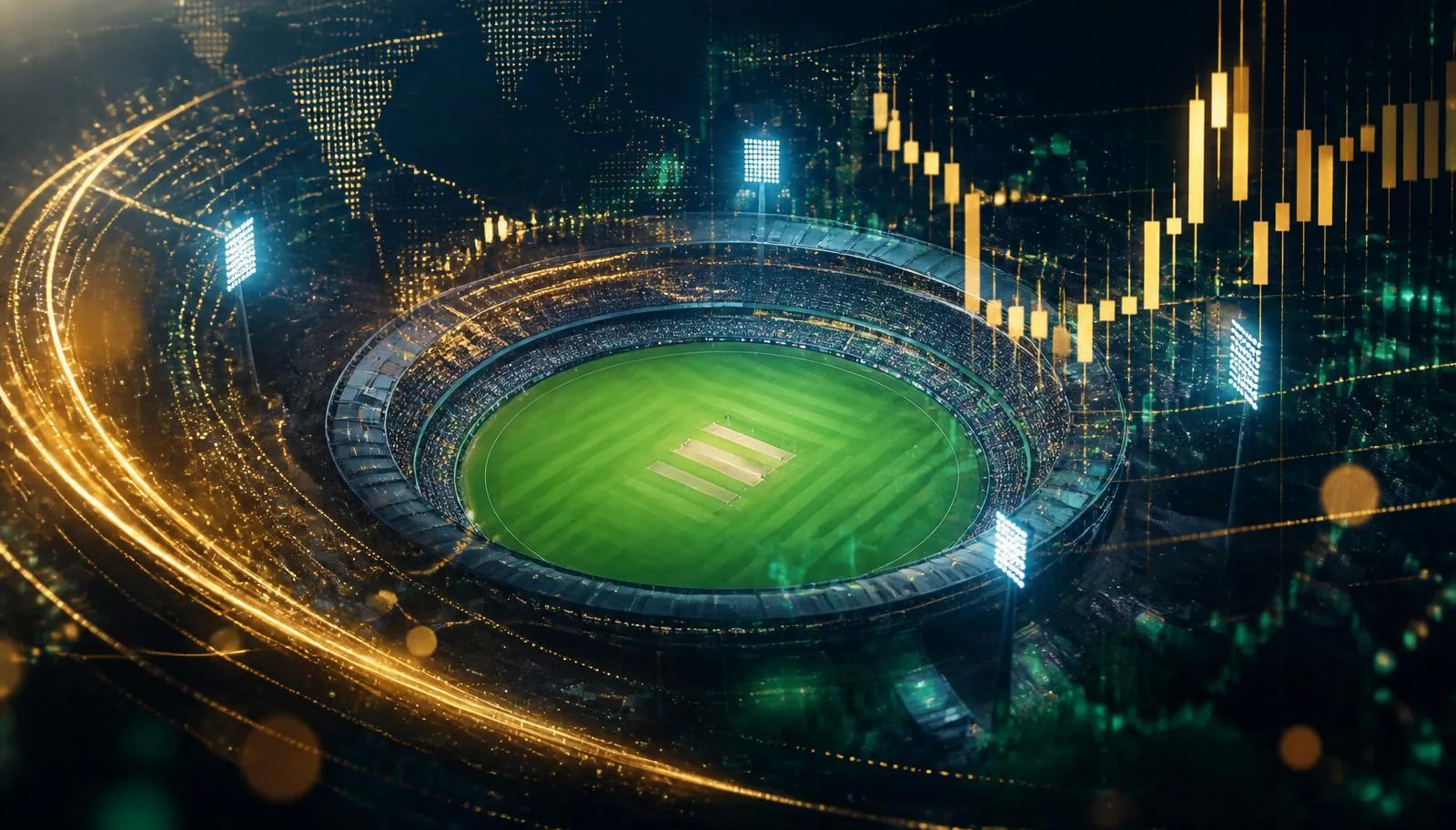 Aerial cricket stadium with financial trading overlay