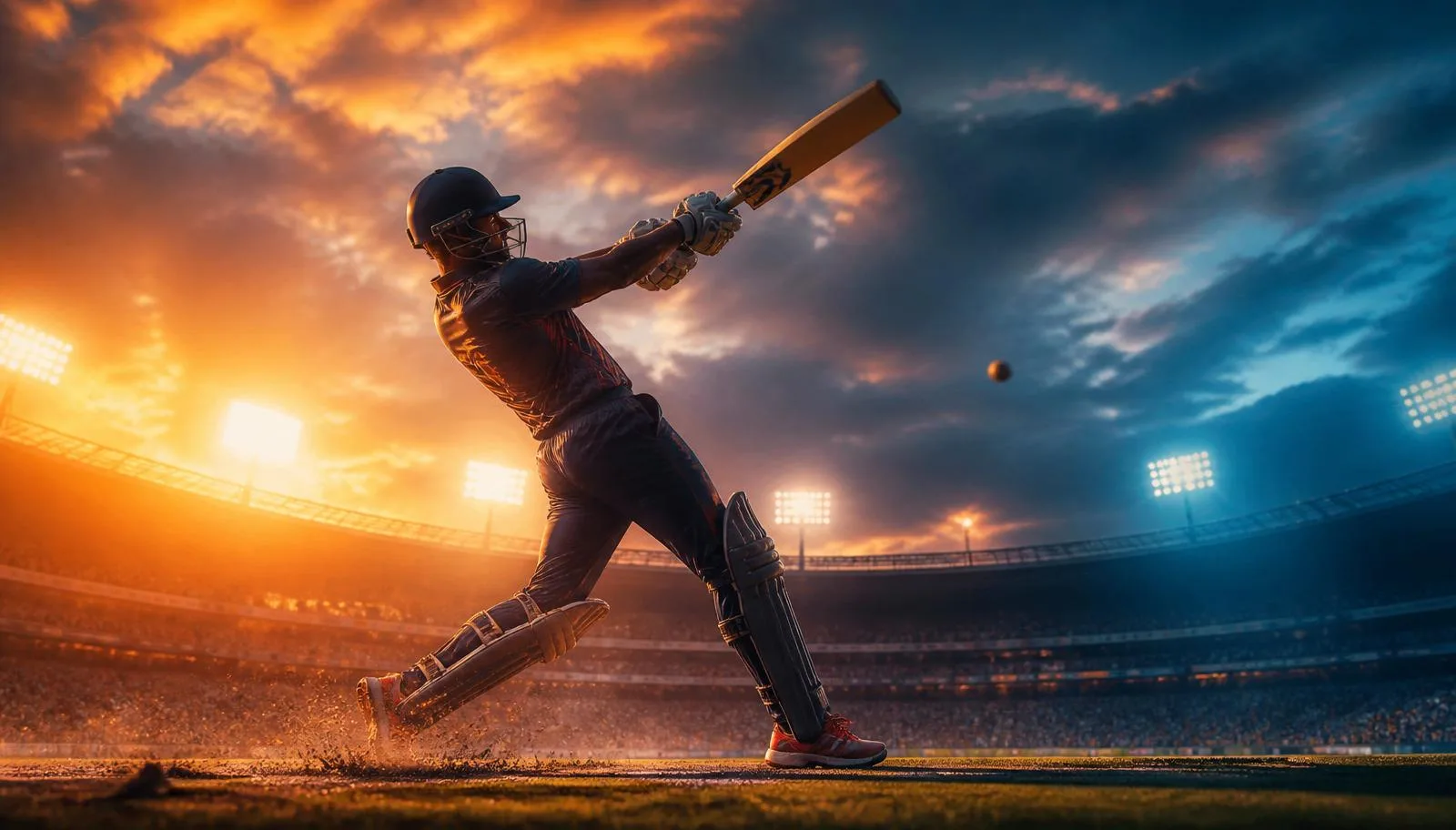 Cricket batsman silhouette against sunset stadium