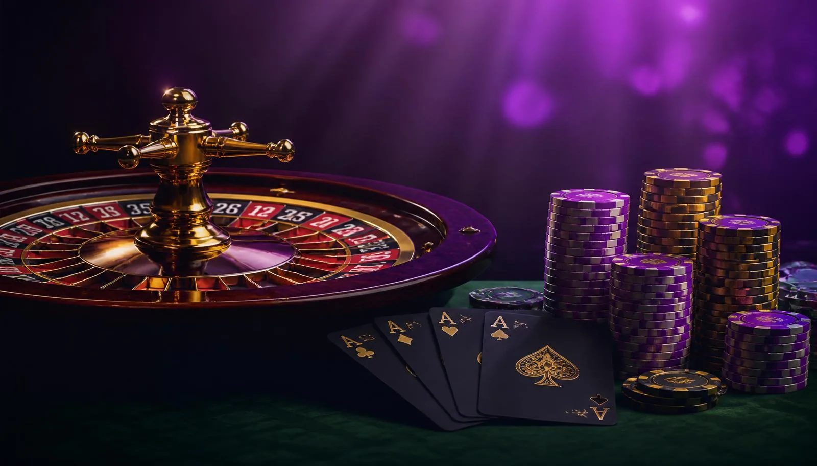 Roulette wheel with playing cards and casino chips