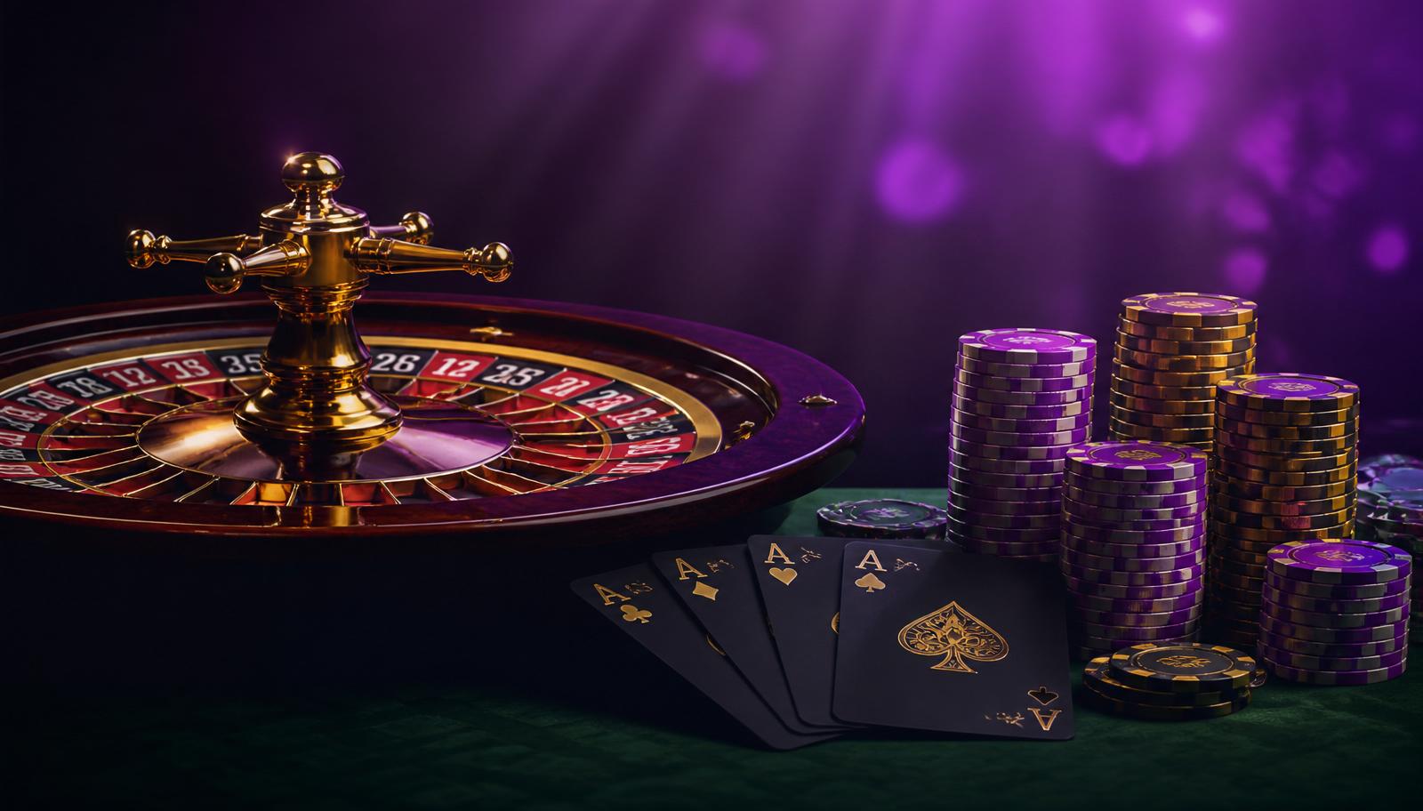 Roulette wheel with playing cards and casino chips