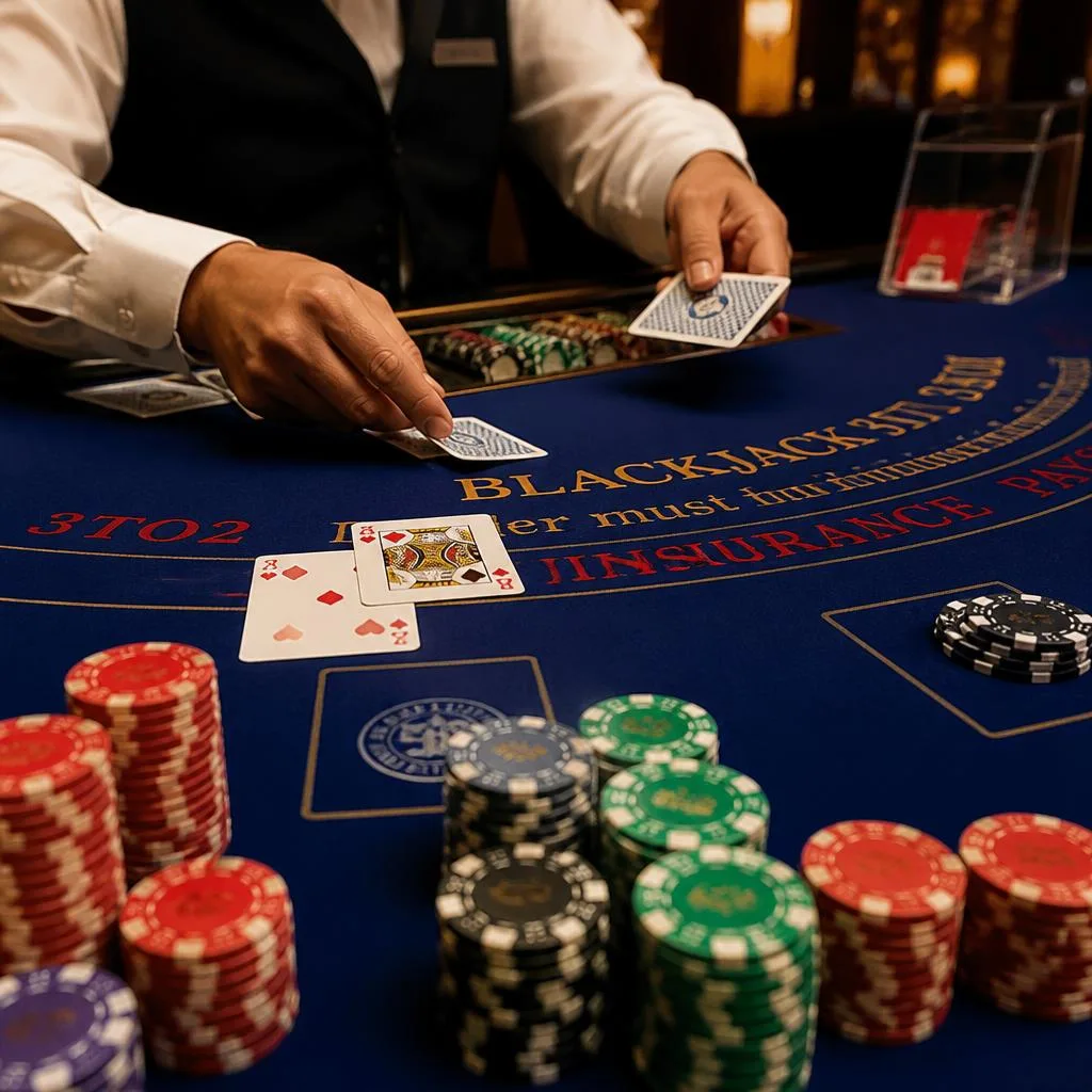 Live blackjack table with dealer, cards, and colored chips