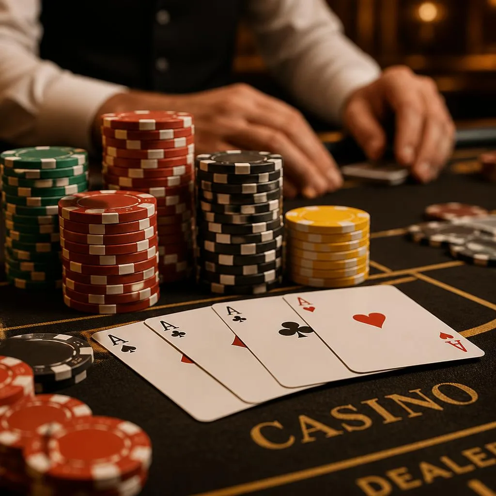Casino poker table with four aces and stacks of chips