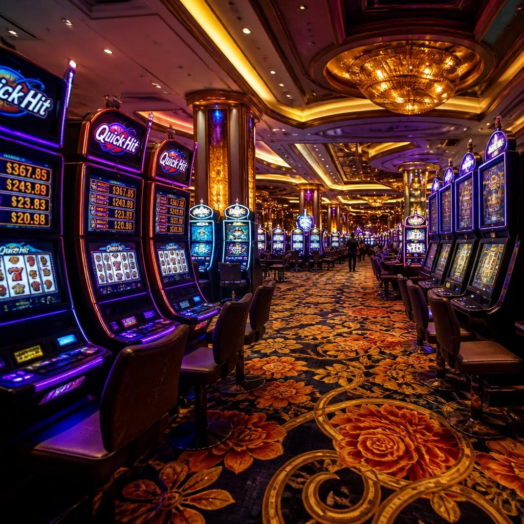 Luxury casino floor lined with glowing slot machines